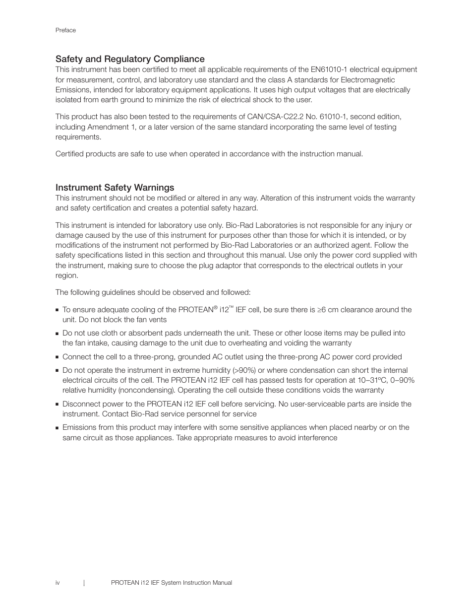 Safety and regulatory compliance, Instrument safety warnings | Bio-Rad PROTEAN® i12™ IEF System User Manual | Page 4 / 60