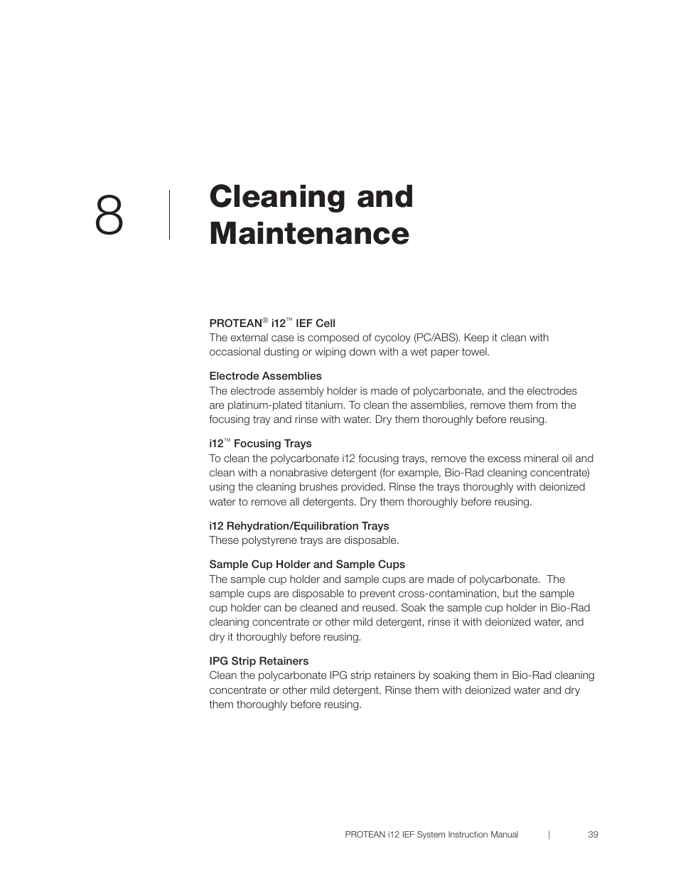 Chapter 8 cleaning and maintenance, R 8 cleaning and maintenance, Cleaning and maintenance | Bio-Rad PROTEAN® i12™ IEF System User Manual | Page 43 / 60