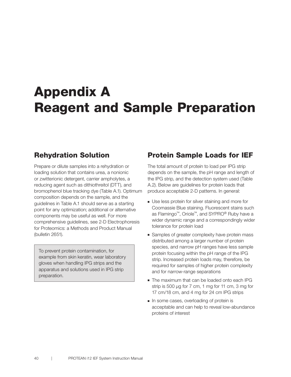 Appendix a reagent and sample preparation, See appendix a, reagent and sample preparation, Rehydration solution | Protein sample loads for ief | Bio-Rad PROTEAN® i12™ IEF System User Manual | Page 44 / 60