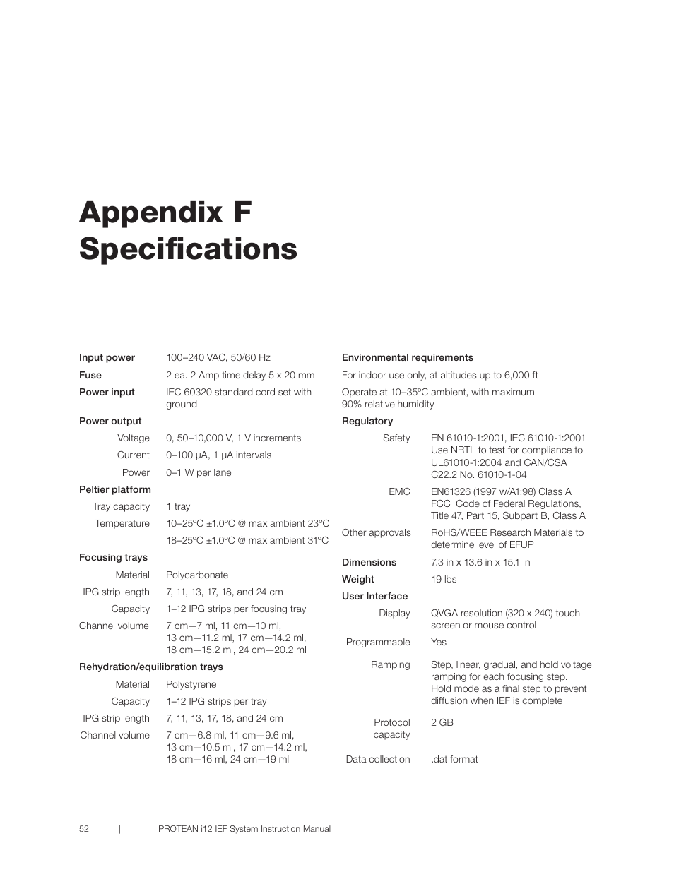 Appendix f specifications, Appendix f specifications 52 | Bio-Rad PROTEAN® i12™ IEF System User Manual | Page 56 / 60