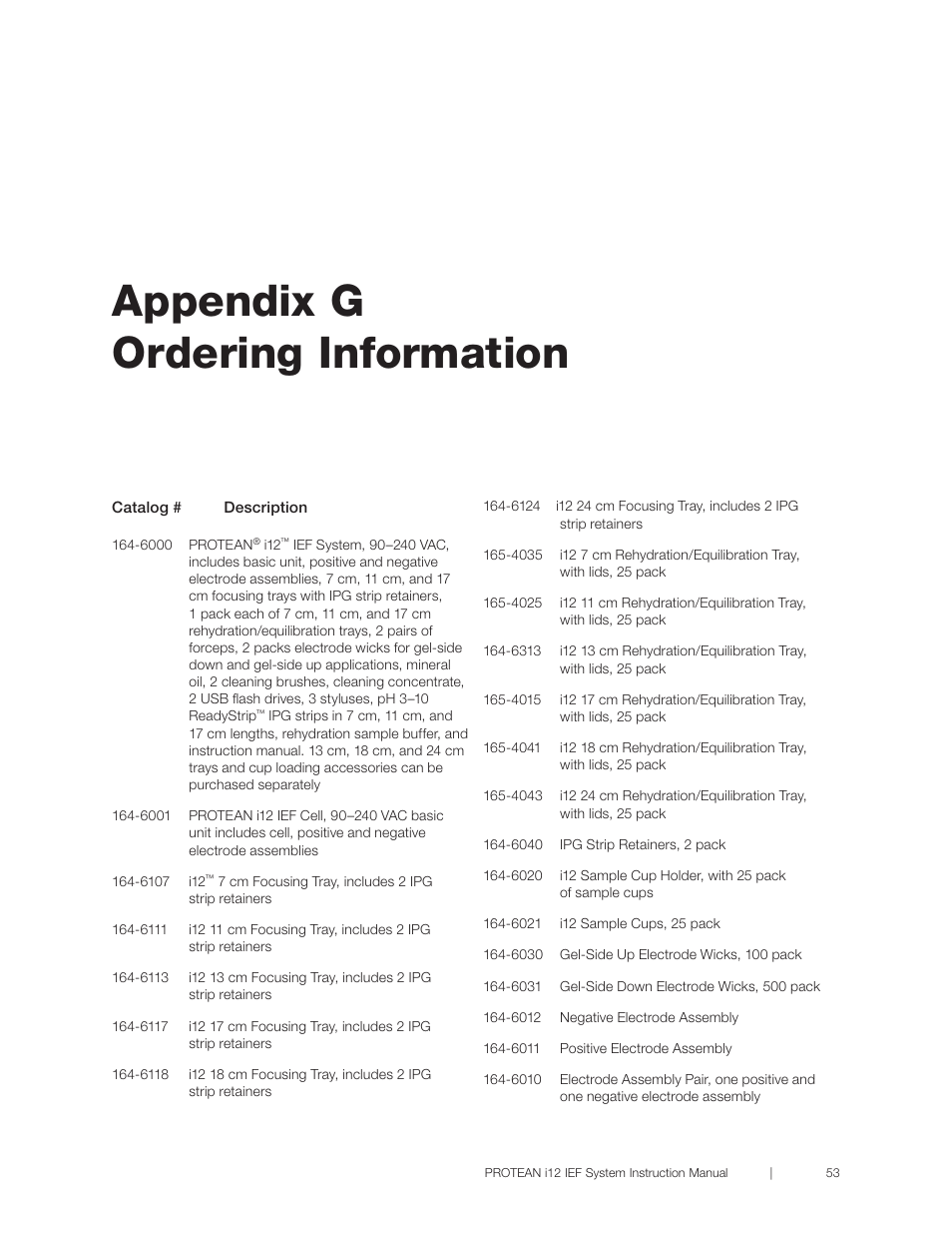 Appendix g ordering information | Bio-Rad PROTEAN® i12™ IEF System User Manual | Page 57 / 60