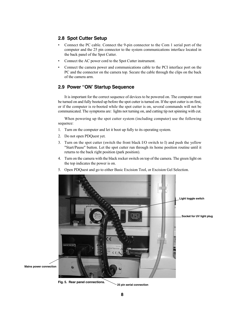 8 spot cutter setup, 9 power “on’ startup sequence | Bio-Rad Components for Older Model Spot Cutter User Manual | Page 11 / 42