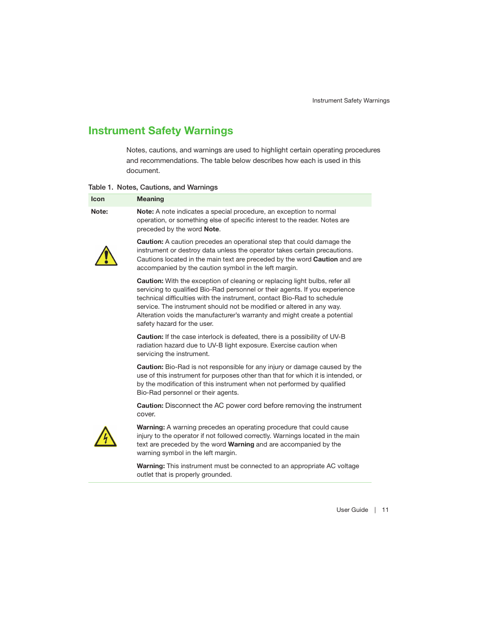 Instrument safety warnings | Bio-Rad Image Lab™ Software User Manual | Page 11 / 208