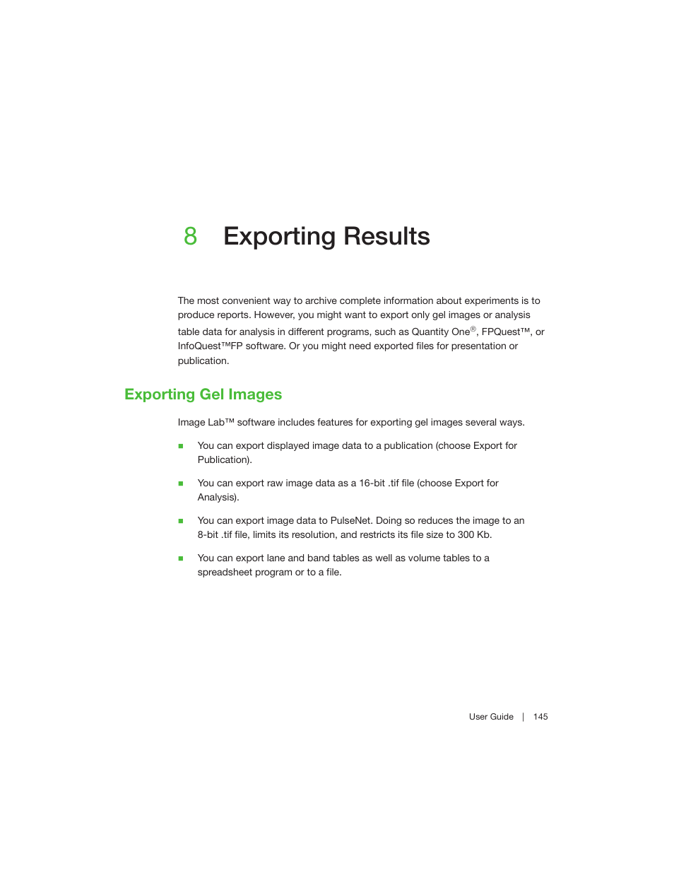 8 exporting results, Exporting gel images, Chapter 8 exporting results | Chapter 8, exporting results, 8exporting results | Bio-Rad Image Lab™ Software User Manual | Page 145 / 208