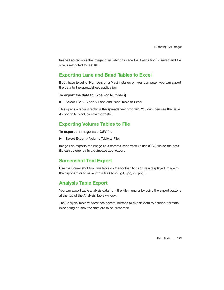 Exporting lane and band tables to excel, Exporting volume tables to file, Screenshot tool export | Analysis table export, Exporting volume tables to file on | Bio-Rad Image Lab™ Software User Manual | Page 149 / 208