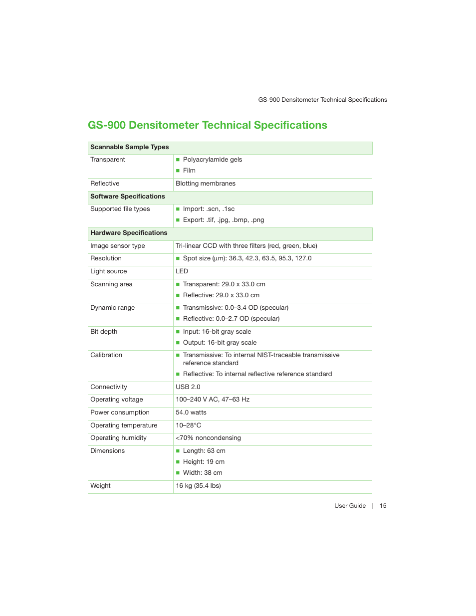 Gs-900 densitometer technical specifications | Bio-Rad Image Lab™ Software User Manual | Page 15 / 208