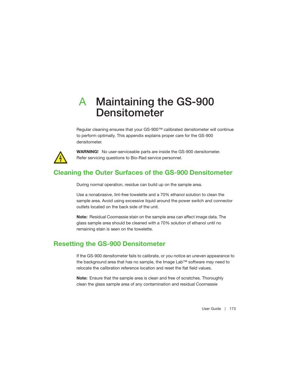 A maintaining the gs-900 densitometer, Resetting the gs-900 densitometer, Appendix a maintaining the gs-900 densitometer | Amaintaining the gs-900 densitometer | Bio-Rad Image Lab™ Software User Manual | Page 173 / 208