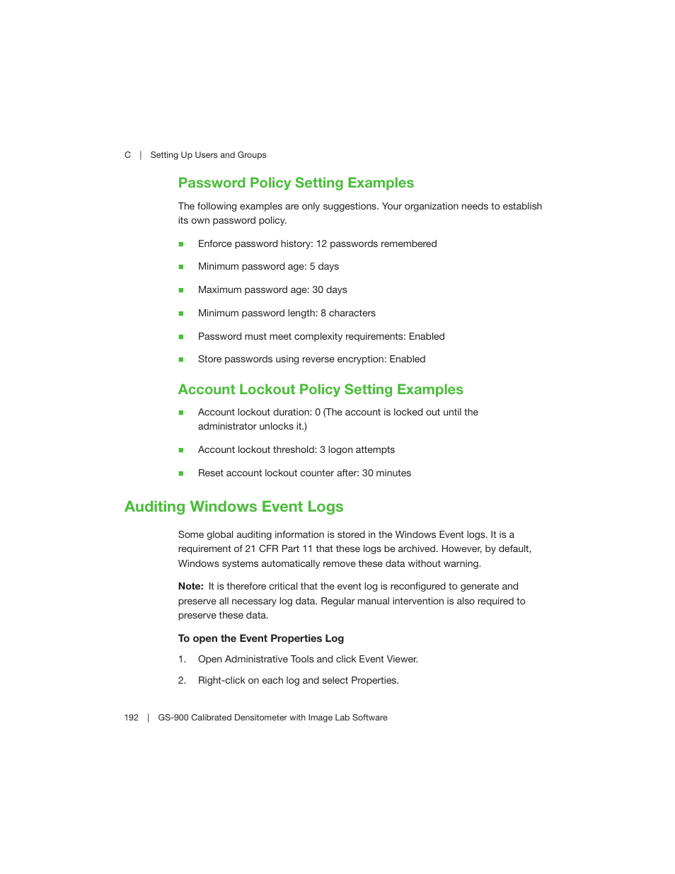 Password policy setting examples, Account lockout policy setting examples, Auditing windows event logs | Bio-Rad Image Lab™ Software User Manual | Page 192 / 208