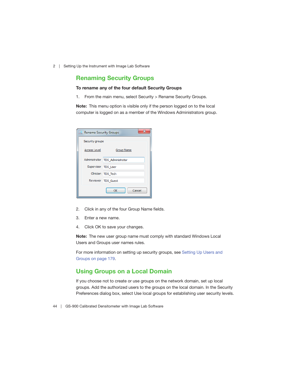 Renaming security groups, Using groups on a local domain | Bio-Rad Image Lab™ Software User Manual | Page 44 / 208