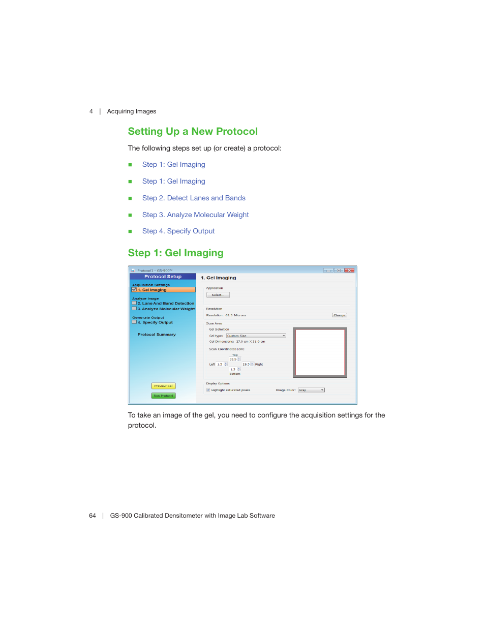 Setting up a new protocol, Step 1: gel imaging, Setting up a new protocol step 1: gel imaging | Bio-Rad Image Lab™ Software User Manual | Page 64 / 208