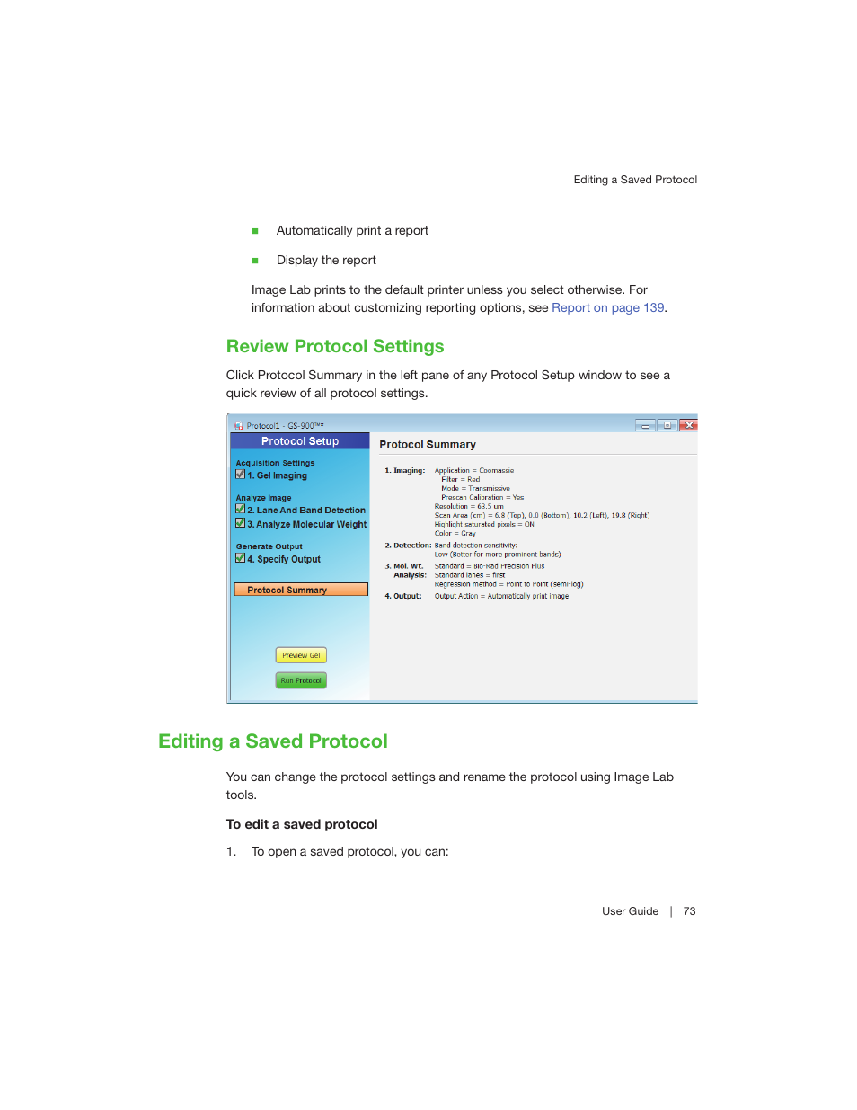 Review protocol settings, Editing a saved protocol | Bio-Rad Image Lab™ Software User Manual | Page 73 / 208