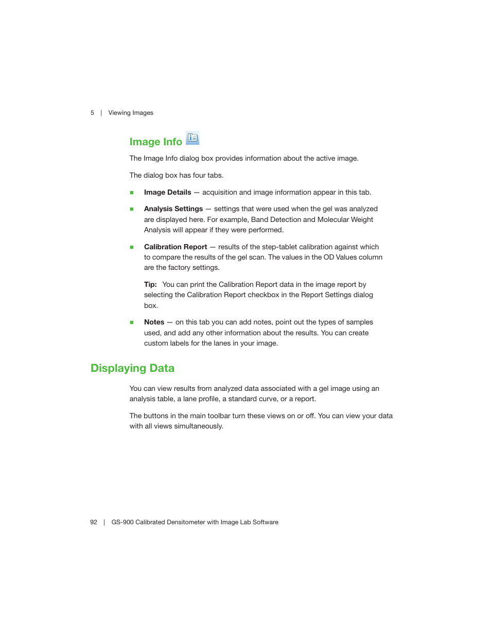 Image info, Displaying data | Bio-Rad Image Lab™ Software User Manual | Page 92 / 208