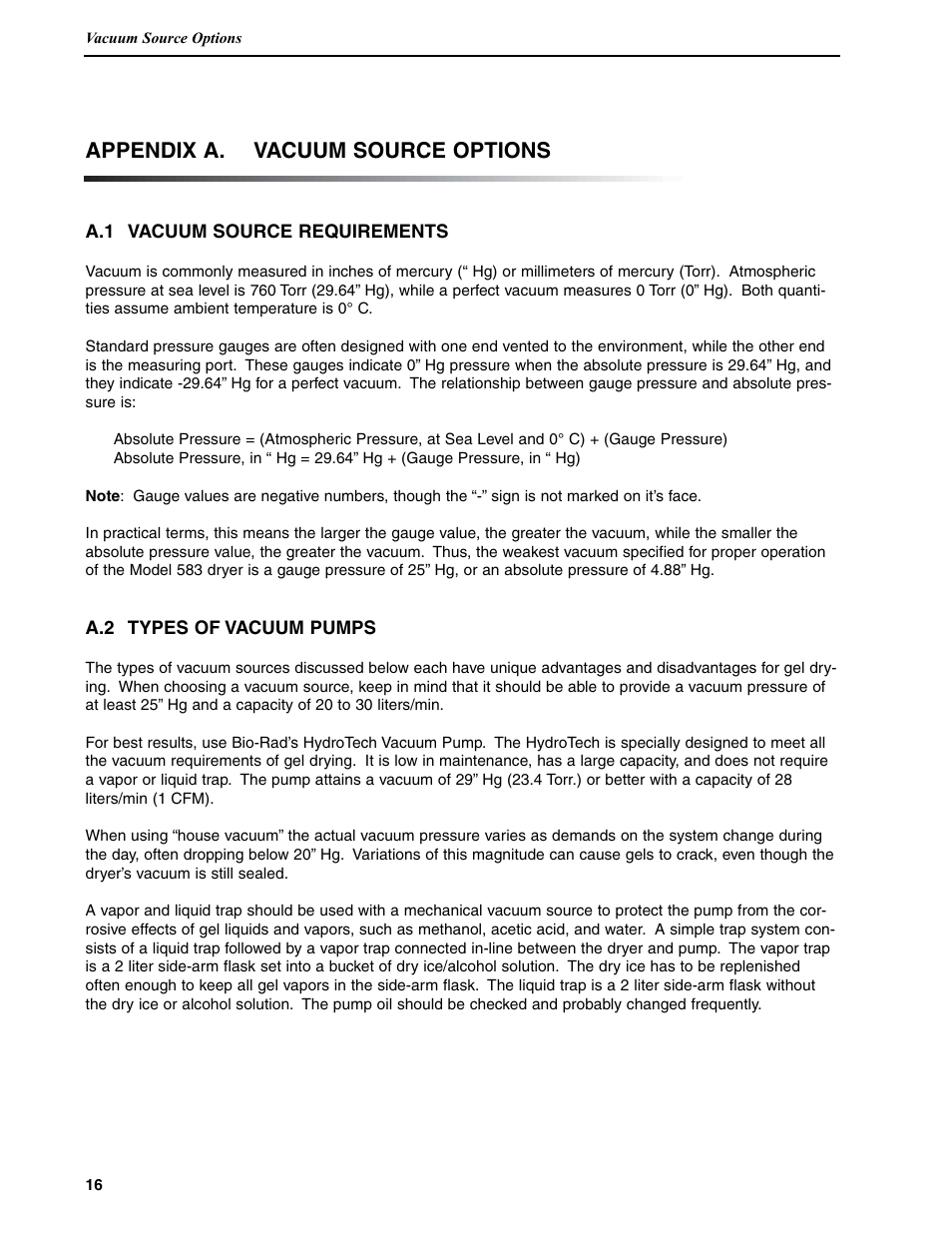 Appendix a. vacuum source options | Bio-Rad Model 583 Gel Drying Supports User Manual | Page 19 / 23