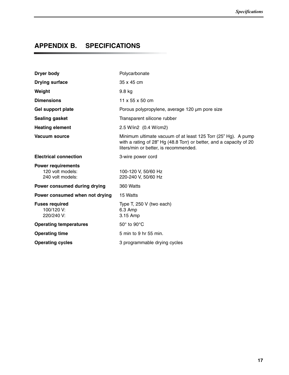 Appendix b. specifications | Bio-Rad Model 583 Gel Drying Supports User Manual | Page 20 / 23