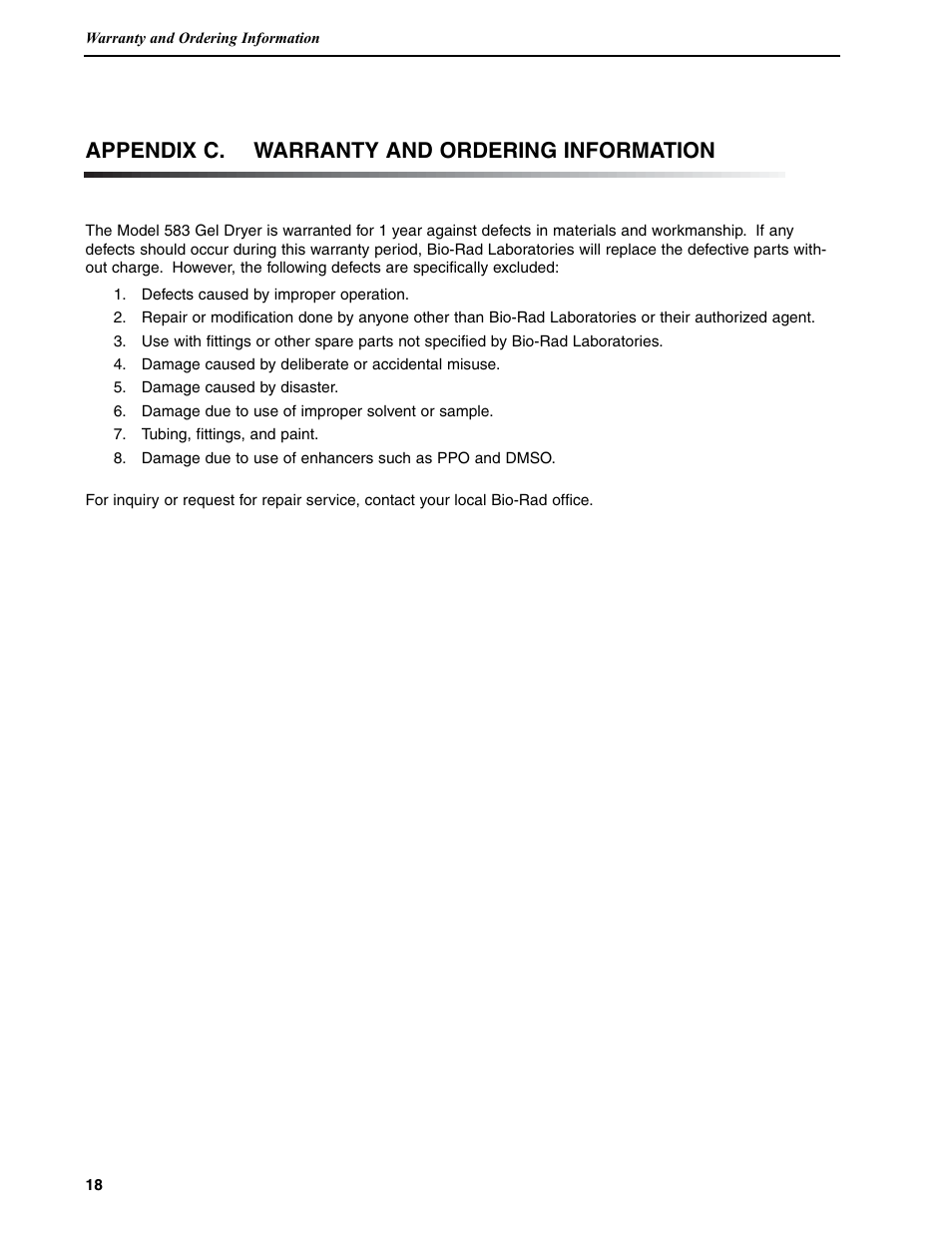Appendix c. warranty and ordering information | Bio-Rad Model 583 Gel Drying Supports User Manual | Page 21 / 23