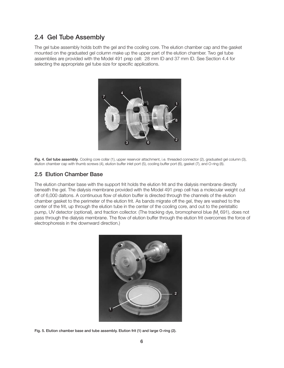 4 gel tube assembly, 5 elution chamber base | Bio-Rad Model 491 Prep Cell and Mini Prep Cell User Manual | Page 11 / 52