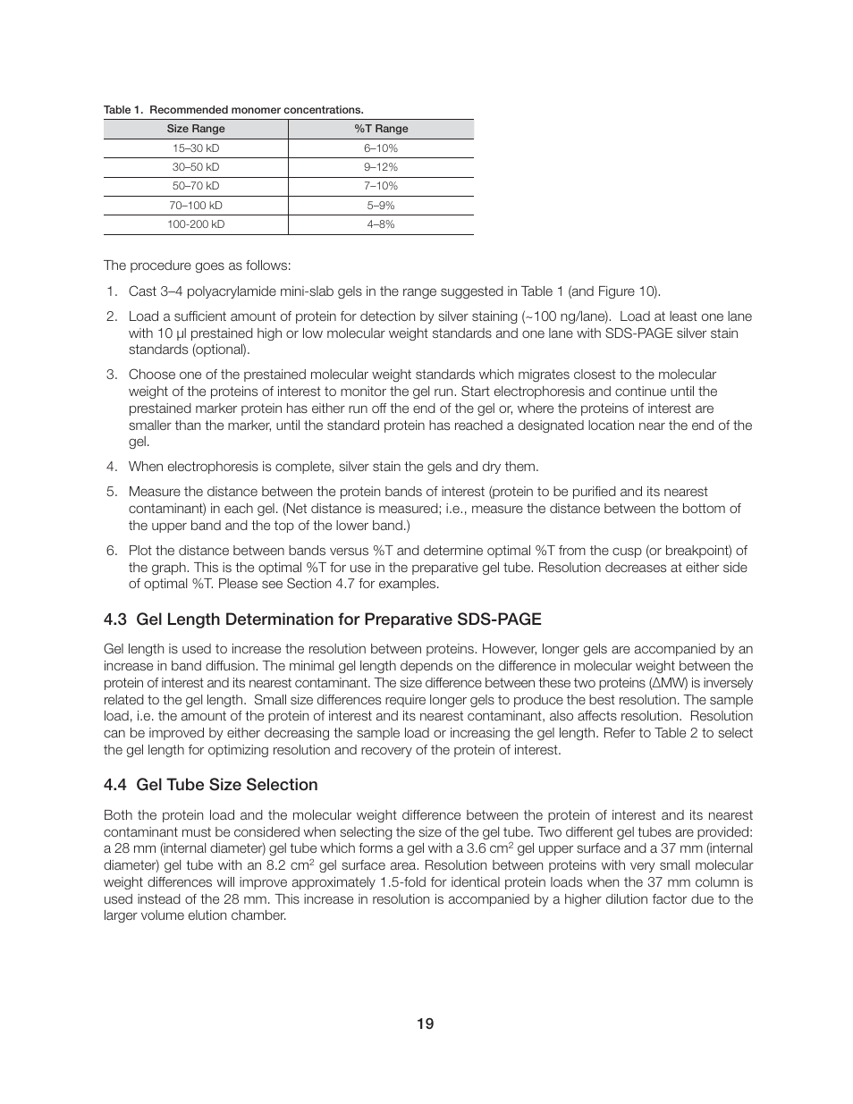 4 gel tube size selection | Bio-Rad Model 491 Prep Cell and Mini Prep Cell User Manual | Page 24 / 52