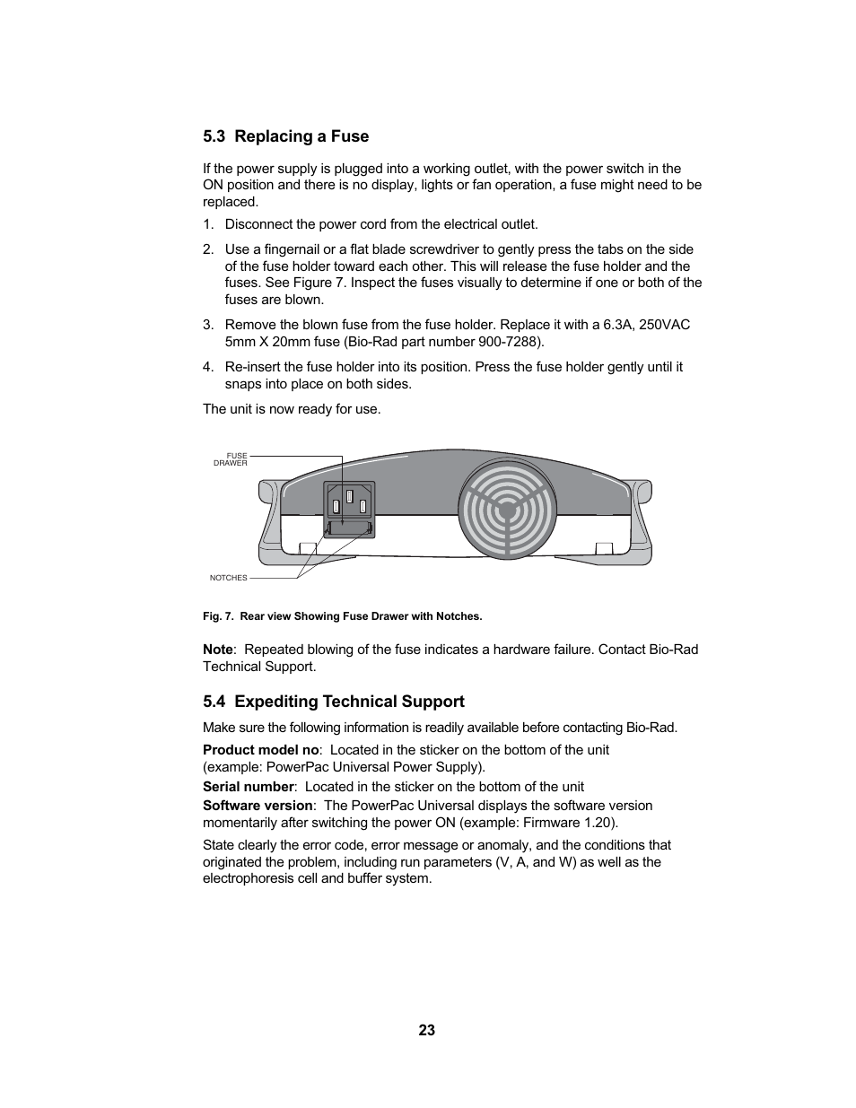 3 replacing a fuse, 4 expediting technical support | Bio-Rad PowerPac™ Universal Power Supply User Manual | Page 29 / 36