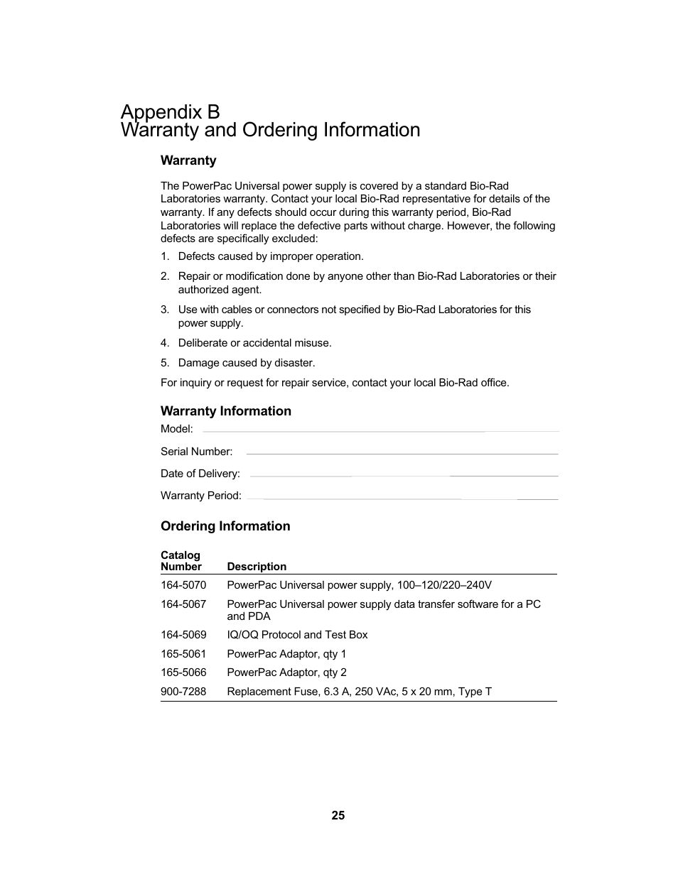 Appendix b warranty and ordering information | Bio-Rad PowerPac™ Universal Power Supply User Manual | Page 31 / 36