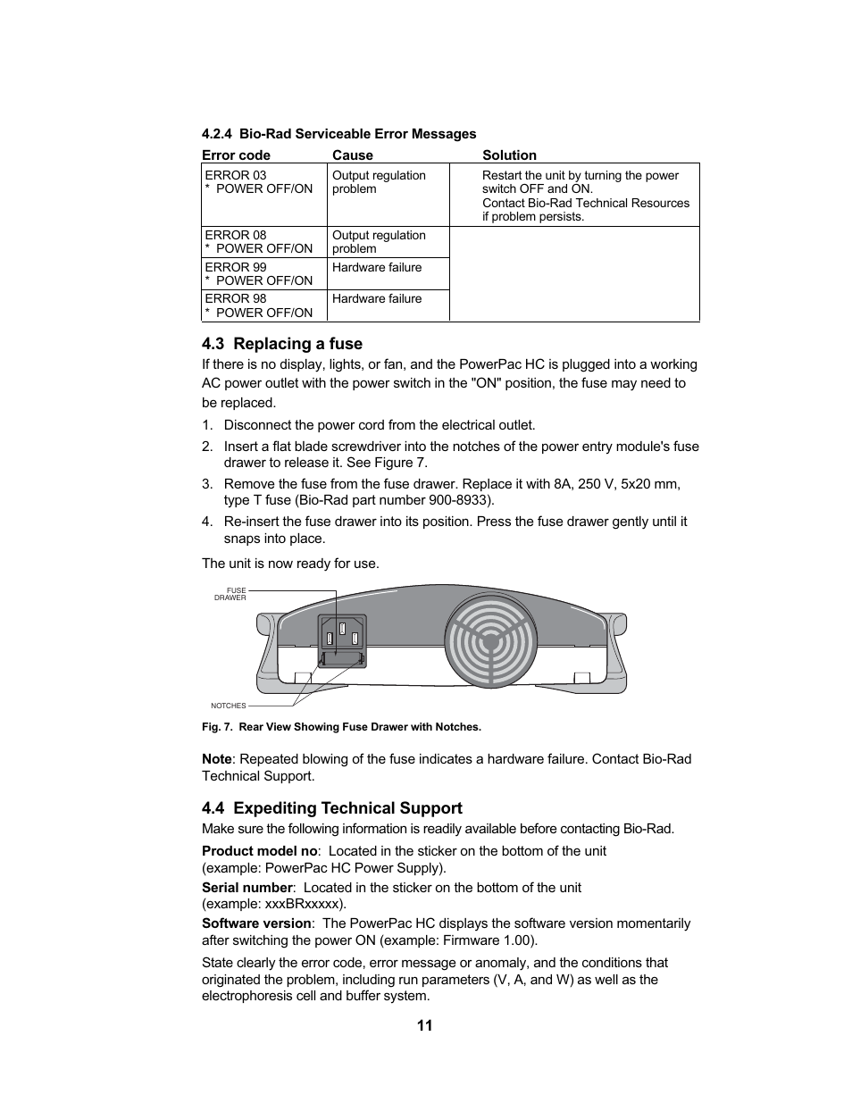 3 replacing a fuse, 4 expediting technical support | Bio-Rad PowerPac™ HC High-Current Power Supply User Manual | Page 17 / 24