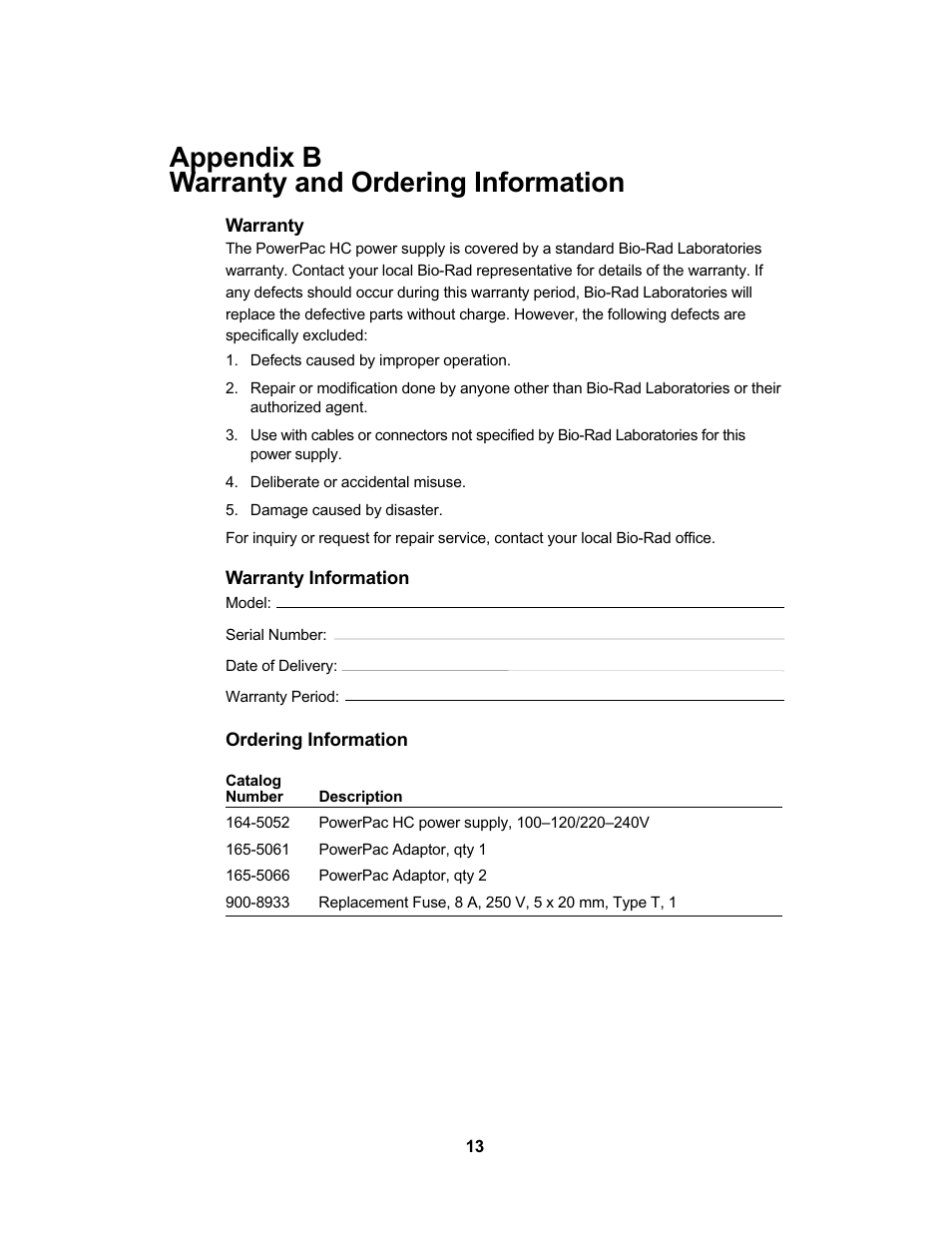 Appendix b warranty and ordering information | Bio-Rad PowerPac™ HC High-Current Power Supply User Manual | Page 19 / 24