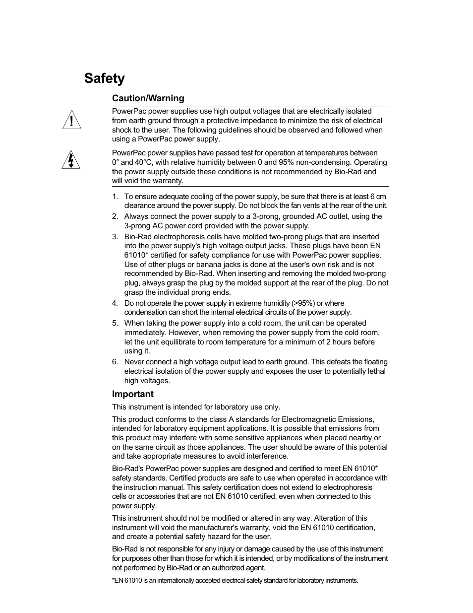 Safety | Bio-Rad PowerPac™ HC High-Current Power Supply User Manual | Page 5 / 24