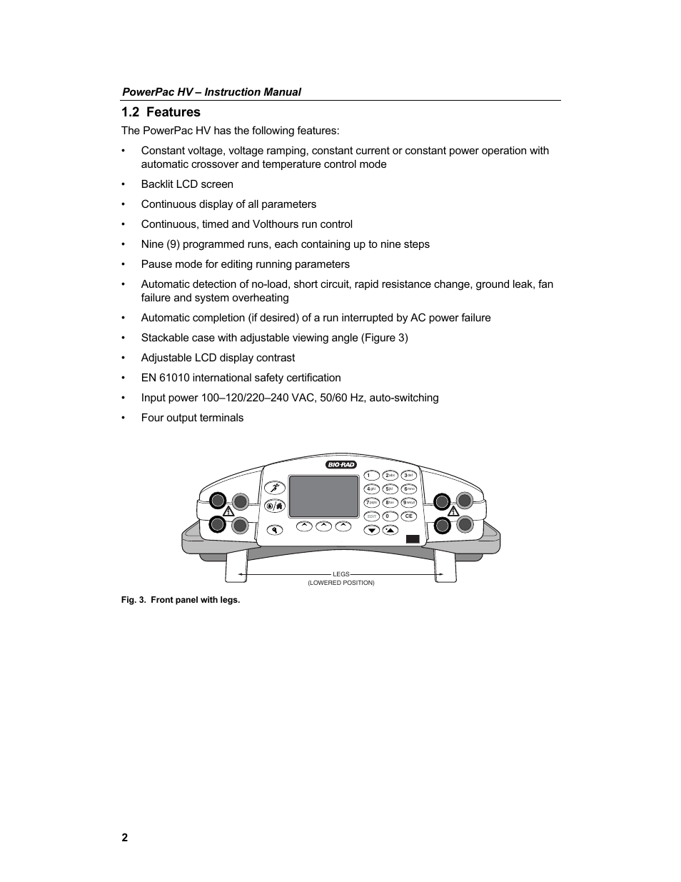 2 features, Powerpac hv – instruction manual | Bio-Rad PowerPac™ HV High-Voltage Power Supply User Manual | Page 10 / 48