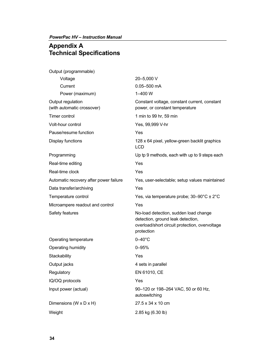Appendix a technical specifications | Bio-Rad PowerPac™ HV High-Voltage Power Supply User Manual | Page 42 / 48