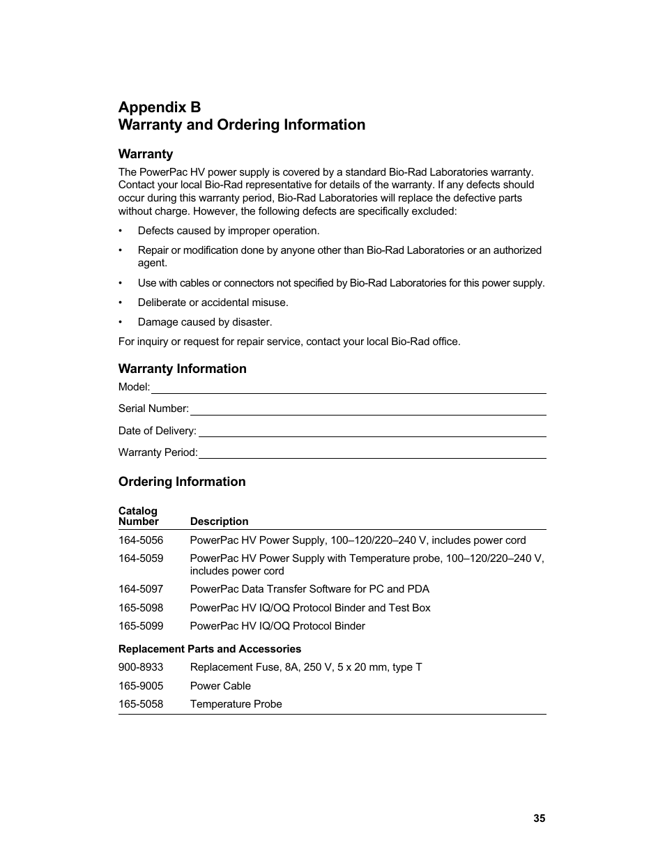 Appendix b warranty and ordering information | Bio-Rad PowerPac™ HV High-Voltage Power Supply User Manual | Page 43 / 48