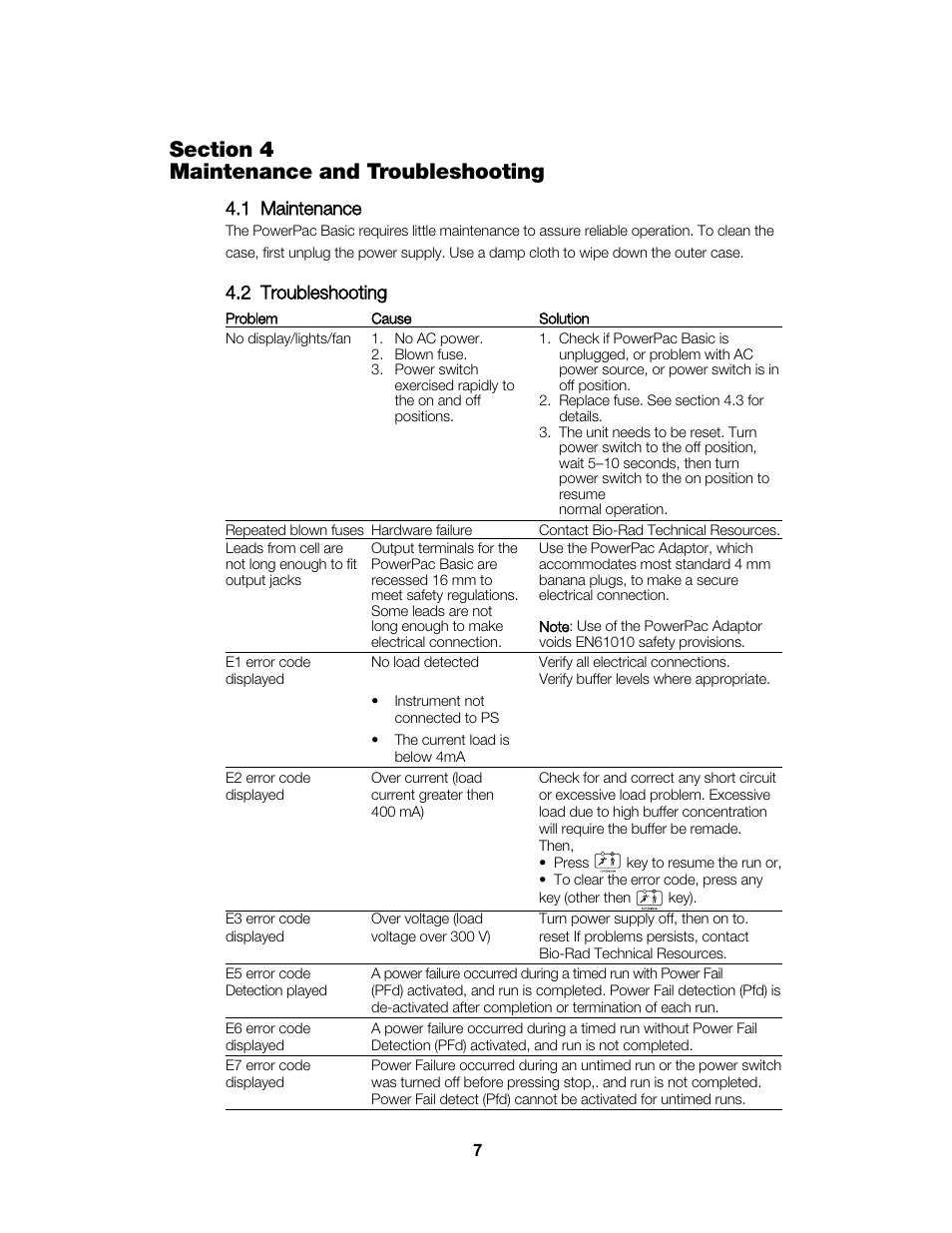 1 maintenance, 2 troubleshooting | Bio-Rad PowerPac™ Basic Power Supply User Manual | Page 13 / 20