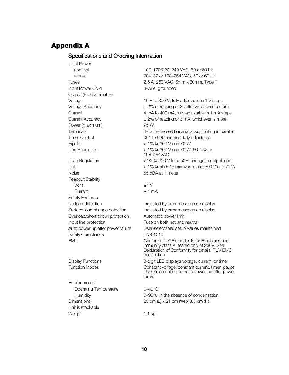 Appendix a, Specifications and ordering information | Bio-Rad PowerPac™ Basic Power Supply User Manual | Page 16 / 20