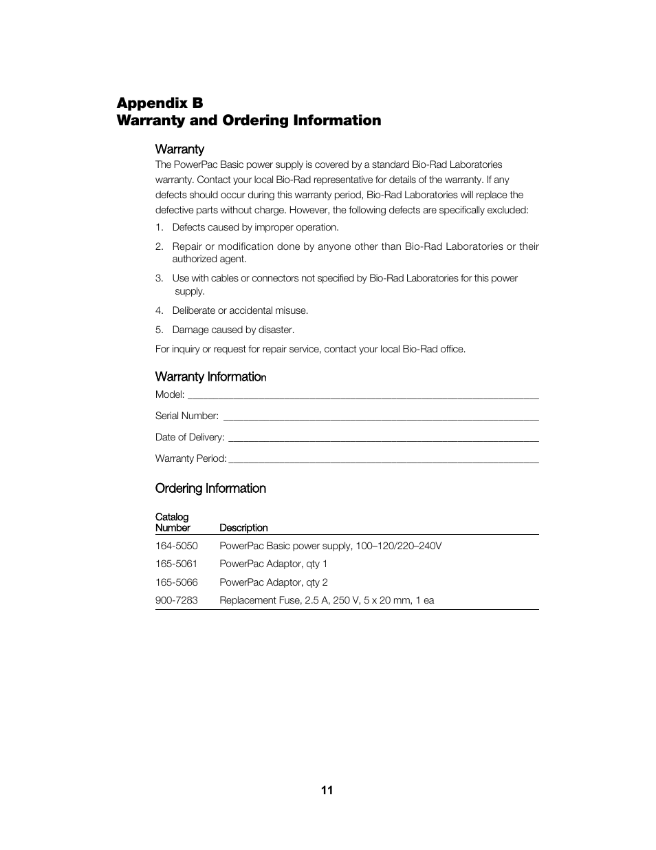 Appendix b warranty and ordering information | Bio-Rad PowerPac™ Basic Power Supply User Manual | Page 17 / 20