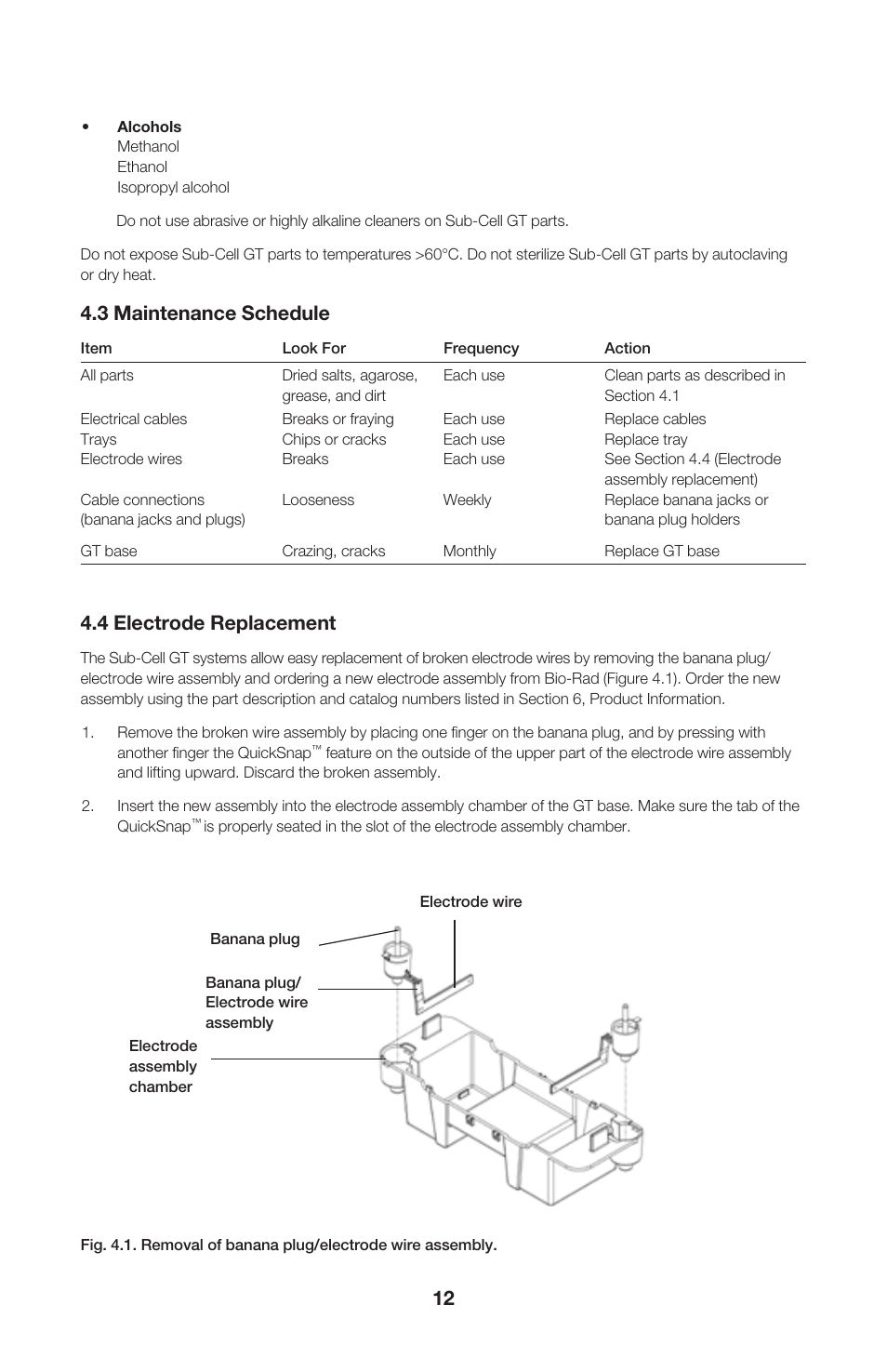 3 maintenance schedule, 4 electrode replacement | Bio-Rad ReadySub-Cell GT Cells User Manual | Page 16 / 26