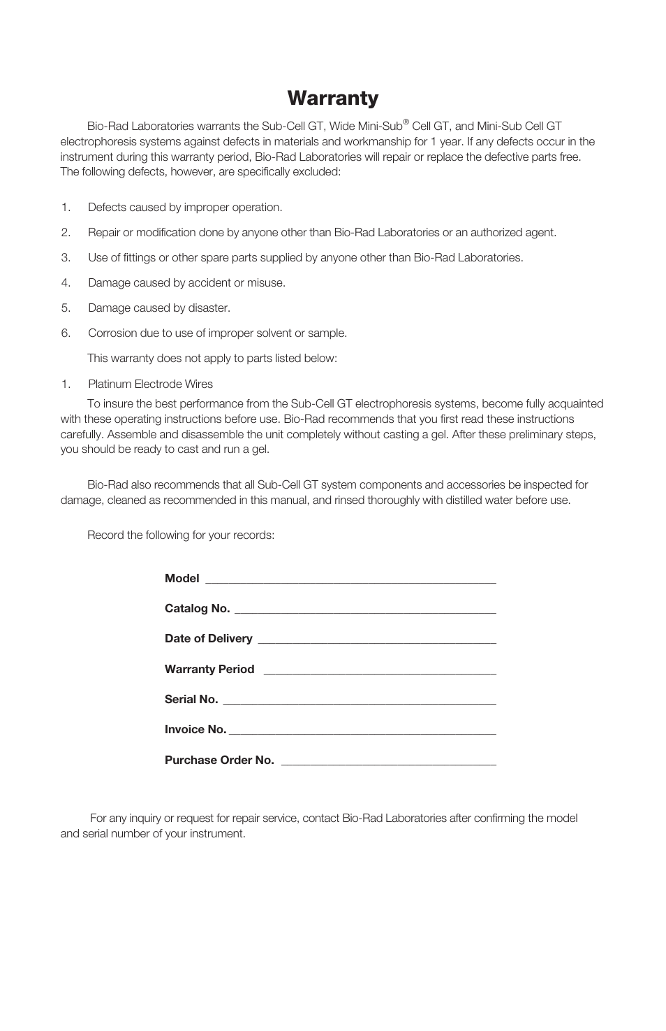 Warranty | Bio-Rad ReadySub-Cell GT Cells User Manual | Page 2 / 26