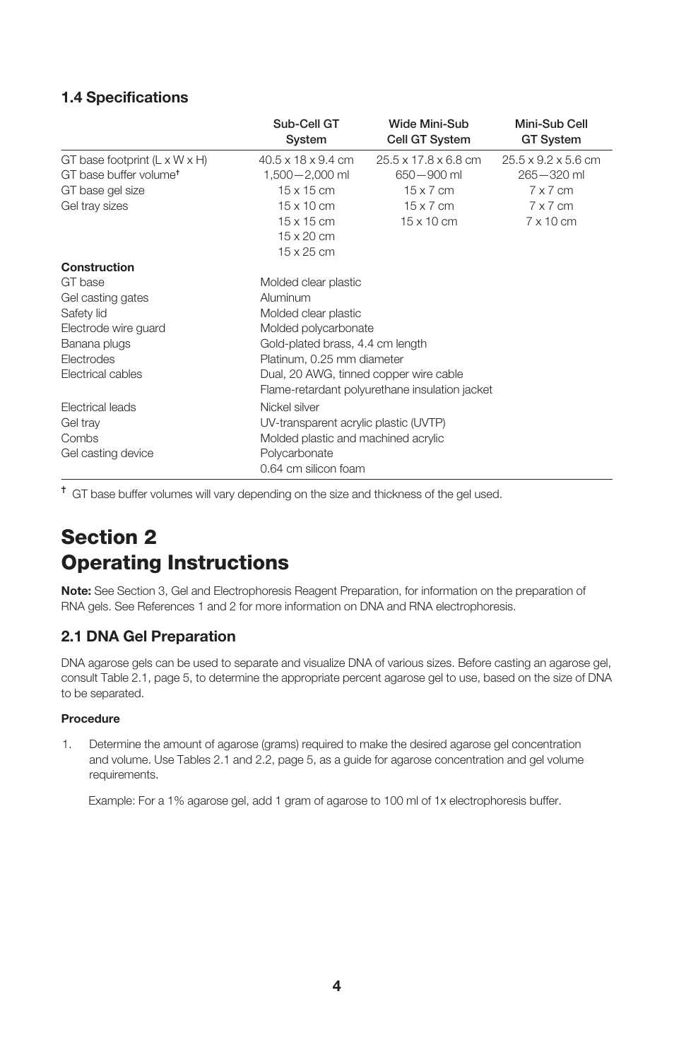 4 specifications, 1 dna gel preparation | Bio-Rad ReadySub-Cell GT Cells User Manual | Page 8 / 26