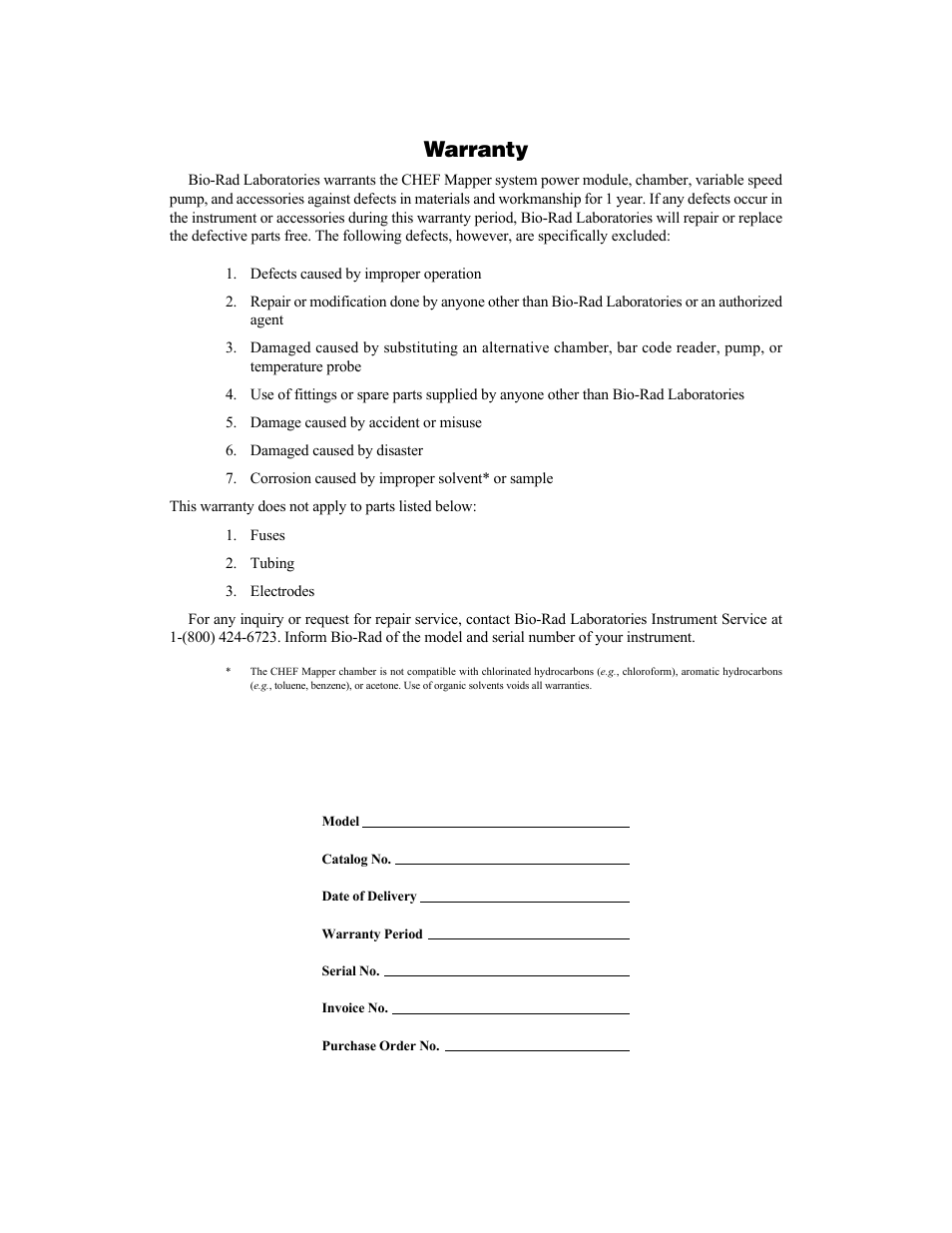 Warranty | Bio-Rad CHEF Mapper® XA System User Manual | Page 2 / 74