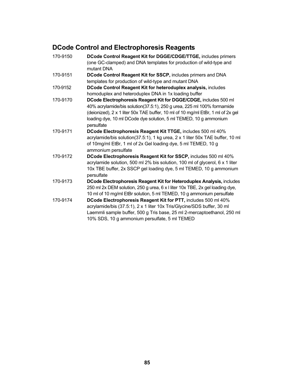 Dcode control and electrophoresis reagents | Bio-Rad DCode™ Universal Mutation Detection System User Manual | Page 89 / 92