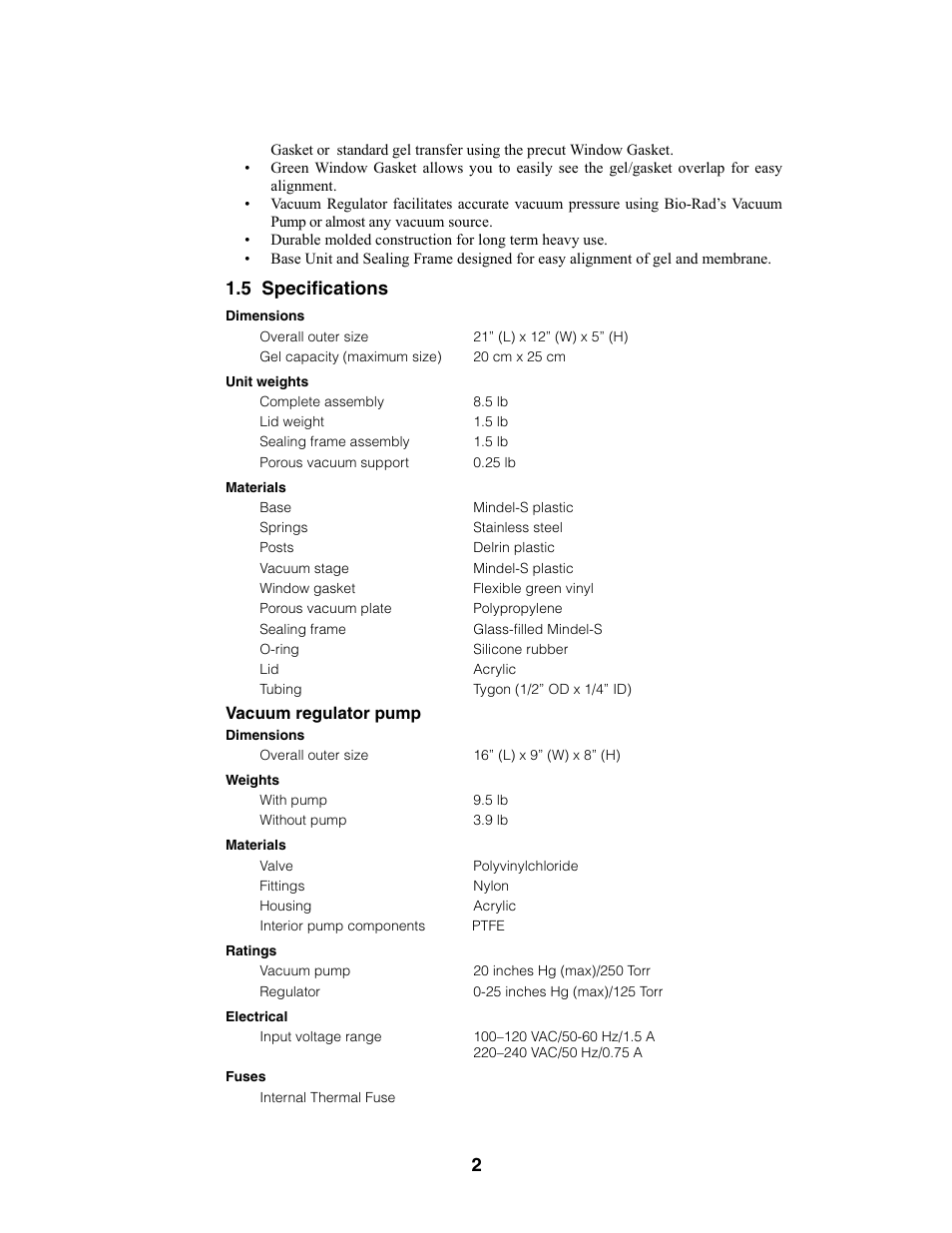 5 specifications | Bio-Rad Model 785 Vacuum Blotter User Manual | Page 6 / 22