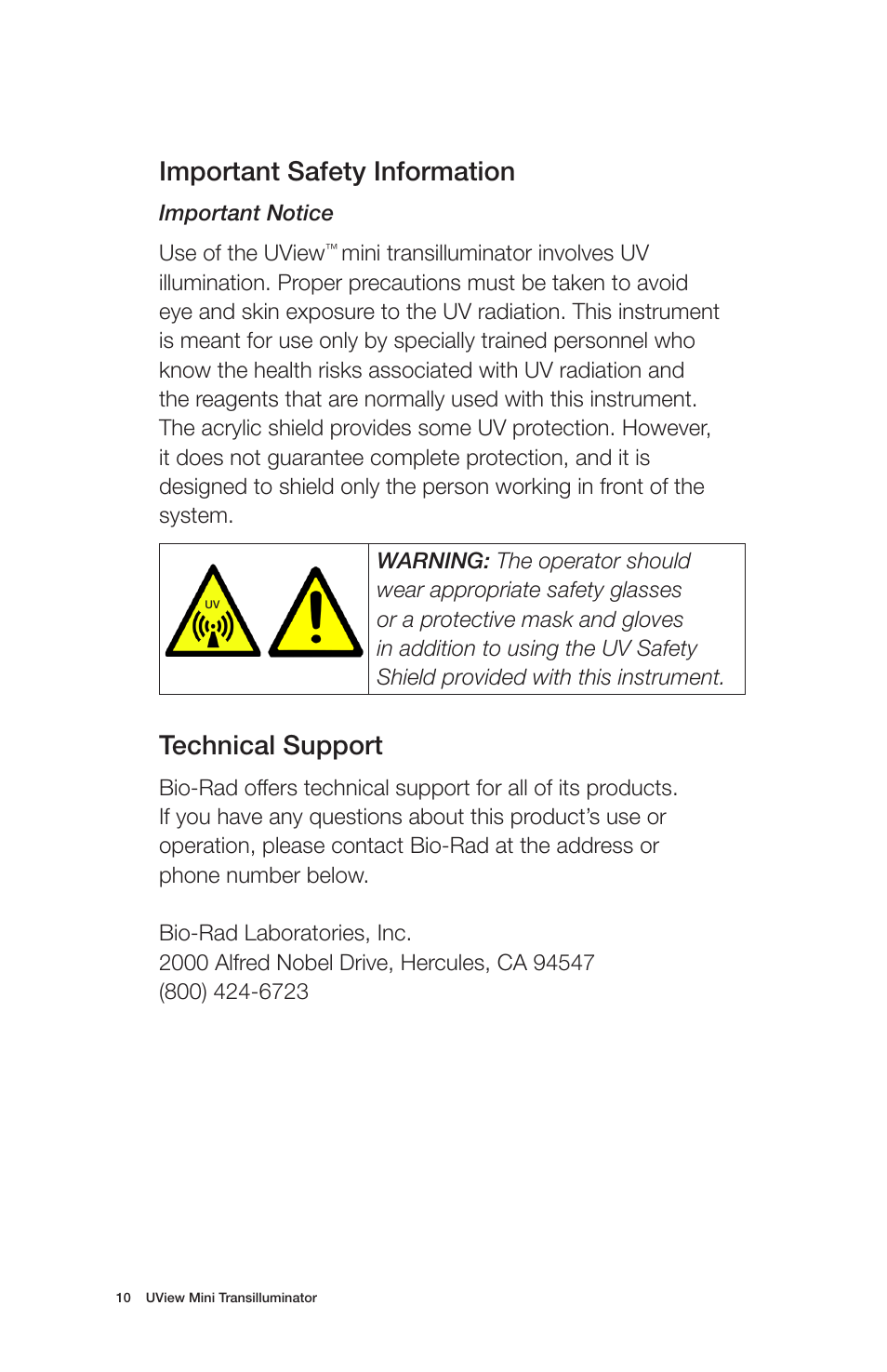Important safety information, Technical support | Bio-Rad UView™ 6x Loading Dye plus Mini Transilluminator User Manual | Page 11 / 12