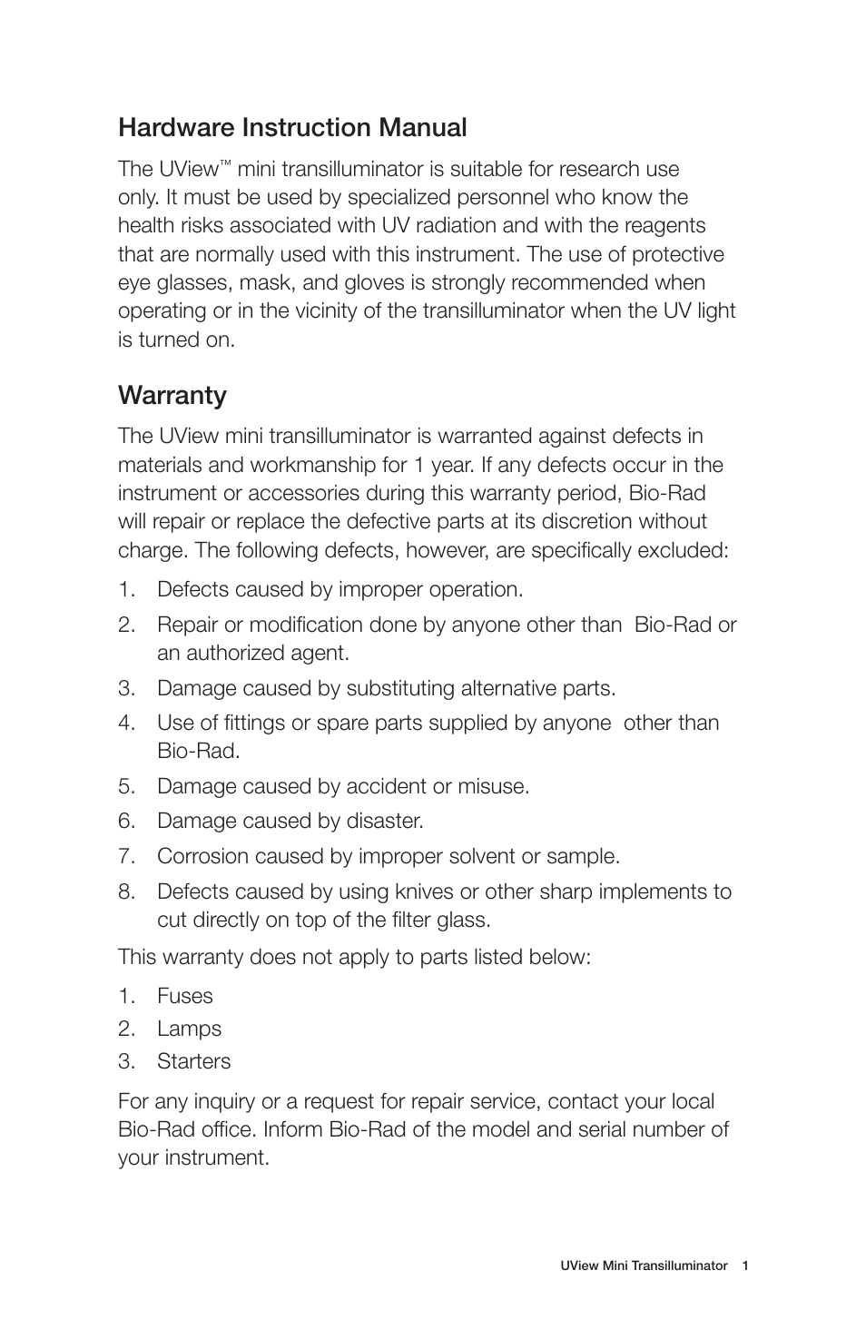 Hardware instruction manual, Warranty | Bio-Rad UView™ 6x Loading Dye plus Mini Transilluminator User Manual | Page 2 / 12