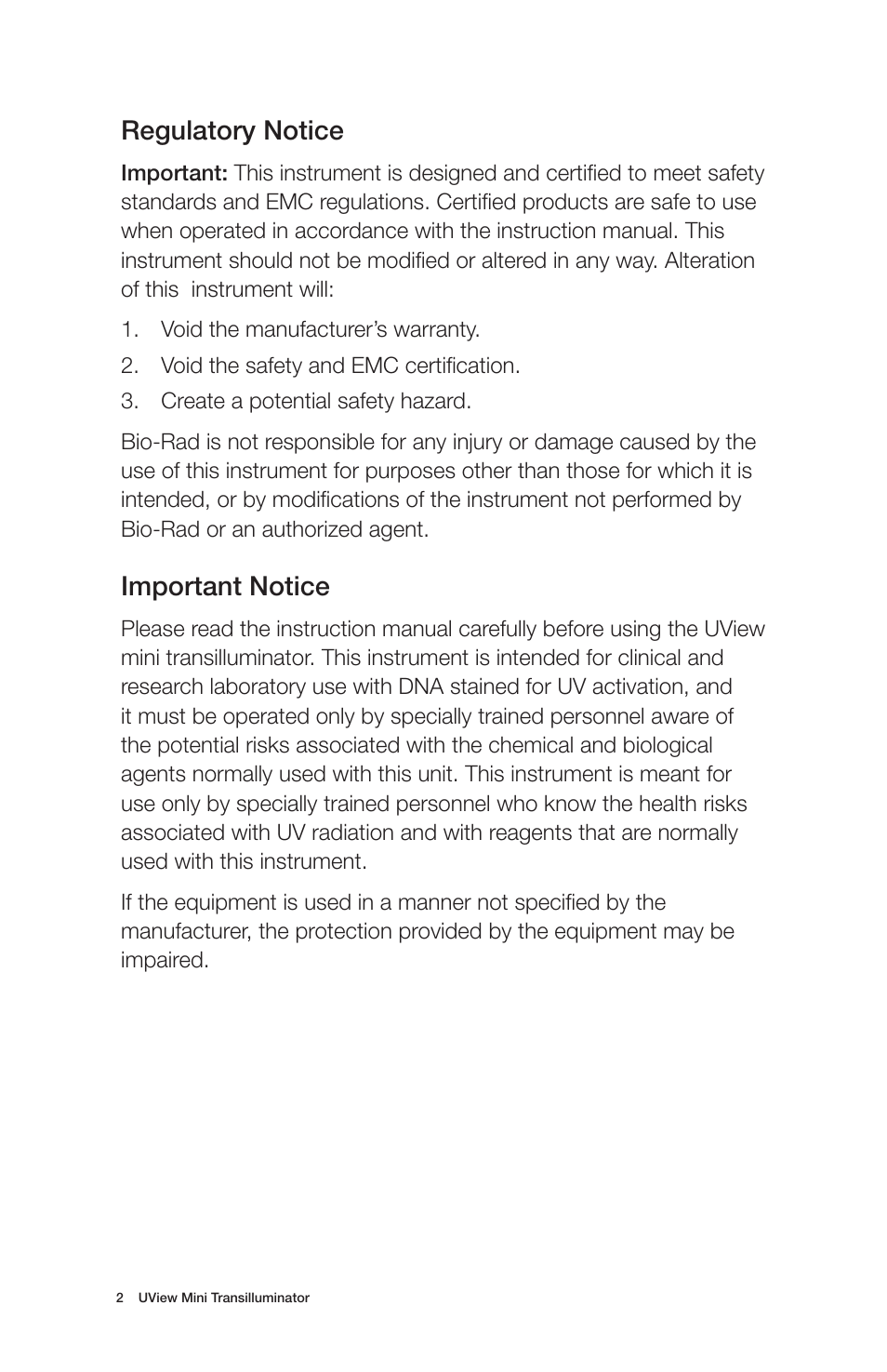 Regulatory notice, Important notice | Bio-Rad UView™ 6x Loading Dye plus Mini Transilluminator User Manual | Page 3 / 12