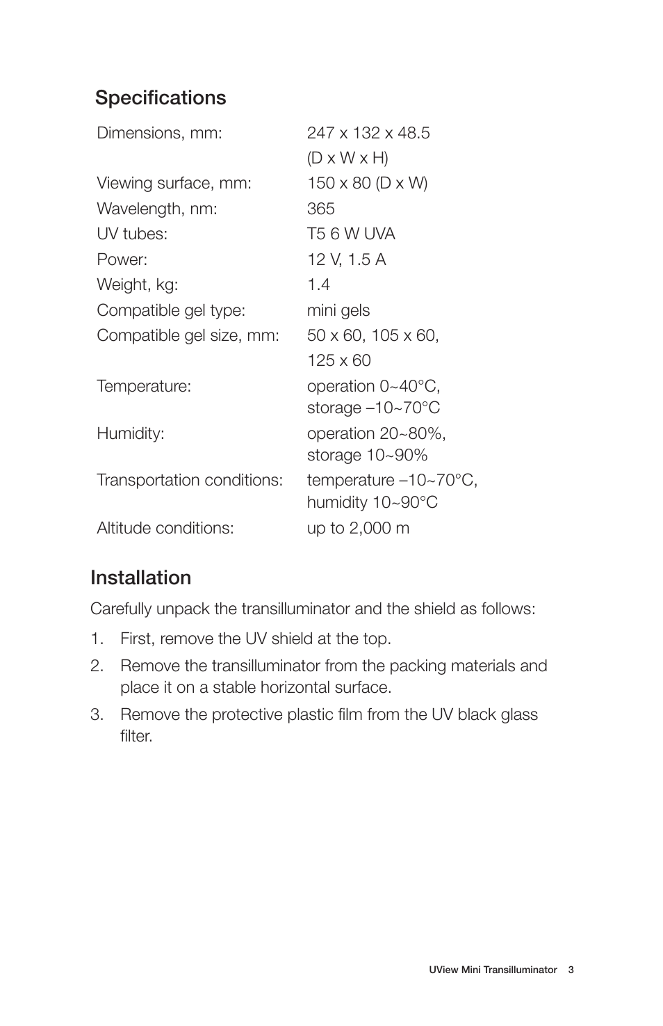 Specifications, Installation | Bio-Rad UView™ 6x Loading Dye plus Mini Transilluminator User Manual | Page 4 / 12