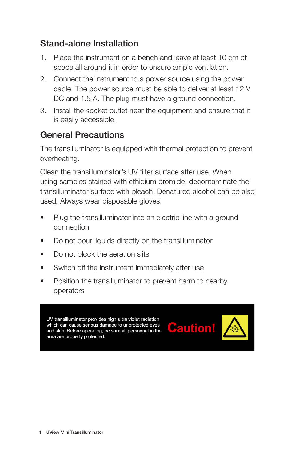 Stand-alone installation, General precautions | Bio-Rad UView™ 6x Loading Dye plus Mini Transilluminator User Manual | Page 5 / 12