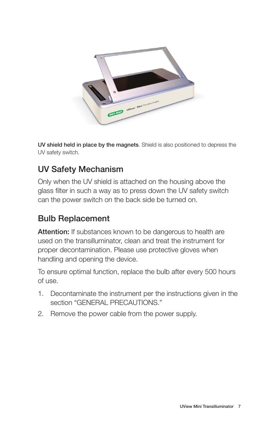 Uv safety mechanism, Bulb replacement | Bio-Rad UView™ 6x Loading Dye plus Mini Transilluminator User Manual | Page 8 / 12