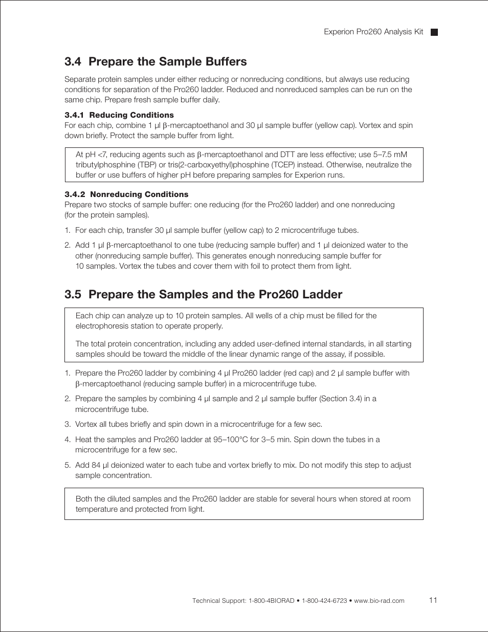 4 prepare the sample buffers, 1 reducing conditions, 2 nonreducing conditions | 5 prepare the samples and the pro260 ladder | Bio-Rad Experion Protein Analysis Kits User Manual | Page 15 / 68