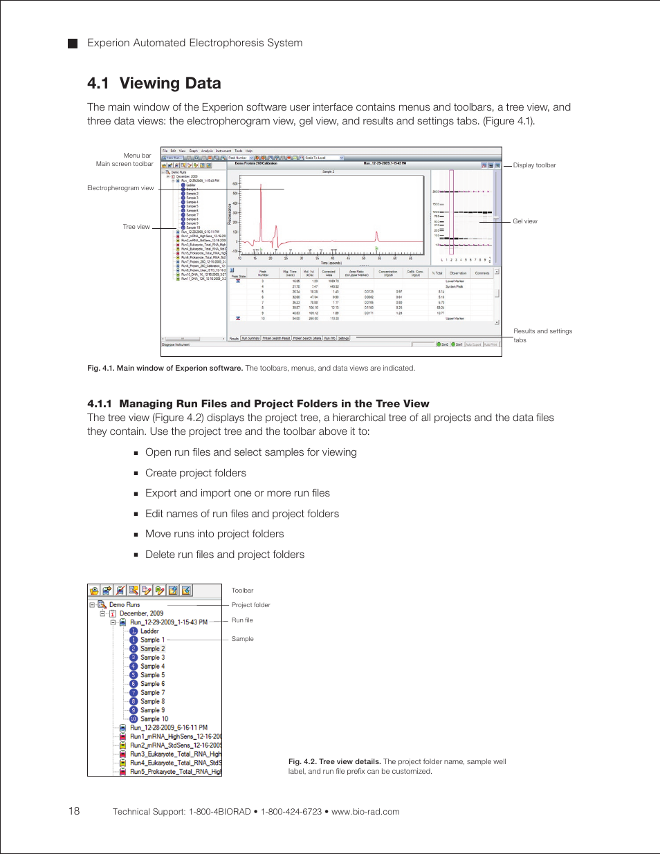 1 viewing data, Open run files and select samples for viewing, Create project folders | Export and import one or more run files, Edit names of run files and project folders, Move runs into project folders | Bio-Rad Experion Protein Analysis Kits User Manual | Page 22 / 68