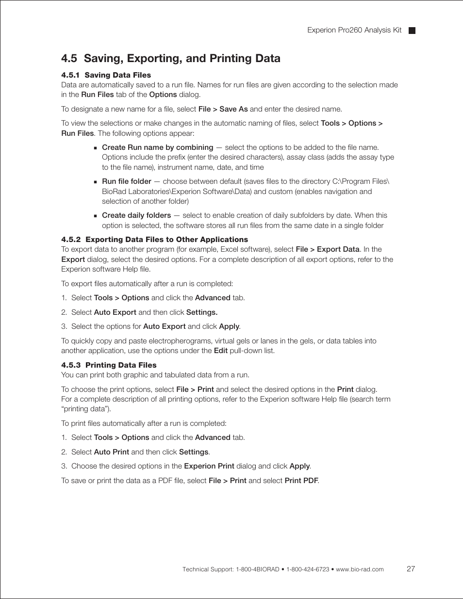 5 saving, exporting, and printing data, 1 saving data files, 2 exporting data files to other applications | 3 printing data files | Bio-Rad Experion Protein Analysis Kits User Manual | Page 31 / 68