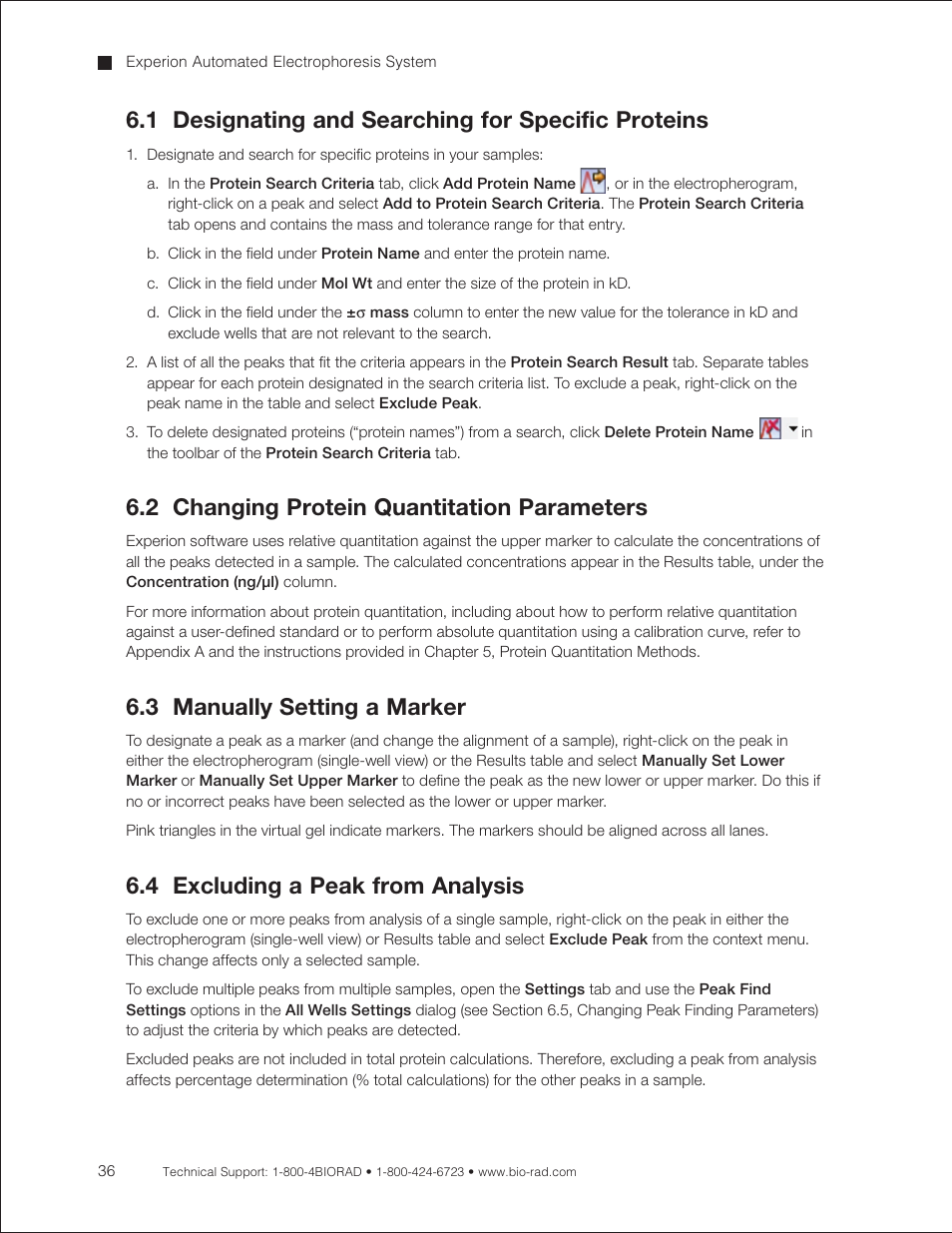 1 designating and searching for specific proteins, 2 changing protein quantitation parameters, 3 manually setting a marker | 4 excluding a peak from analysis, E section 6.3) | Bio-Rad Experion Protein Analysis Kits User Manual | Page 40 / 68