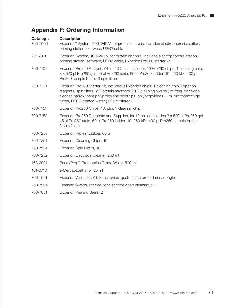 Appendix f: ordering information, Appendix f ordering information | Bio-Rad Experion Protein Analysis Kits User Manual | Page 65 / 68