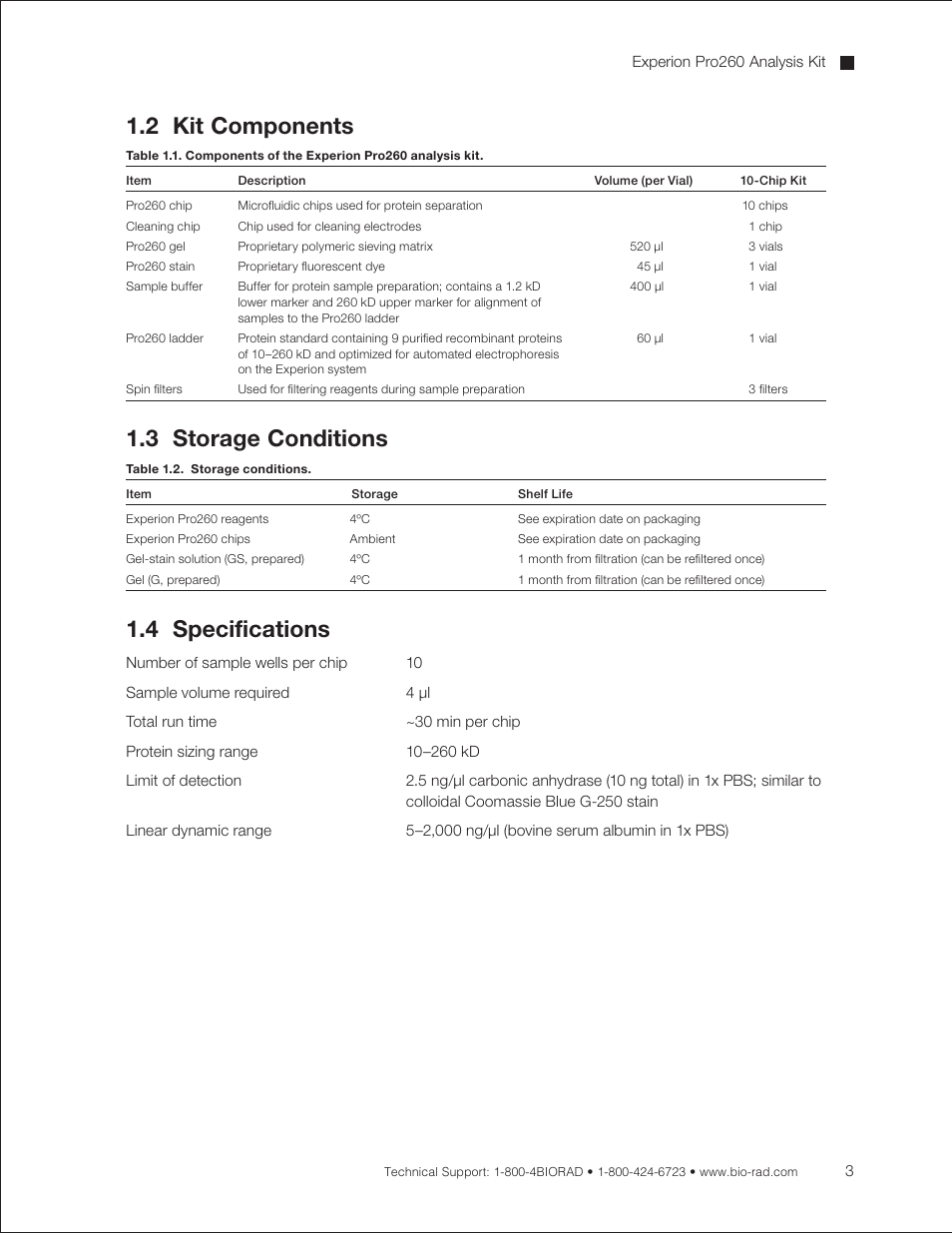 2 kit components, 3 storage conditions, 4 specifications | Bio-Rad Experion Protein Analysis Kits User Manual | Page 7 / 68